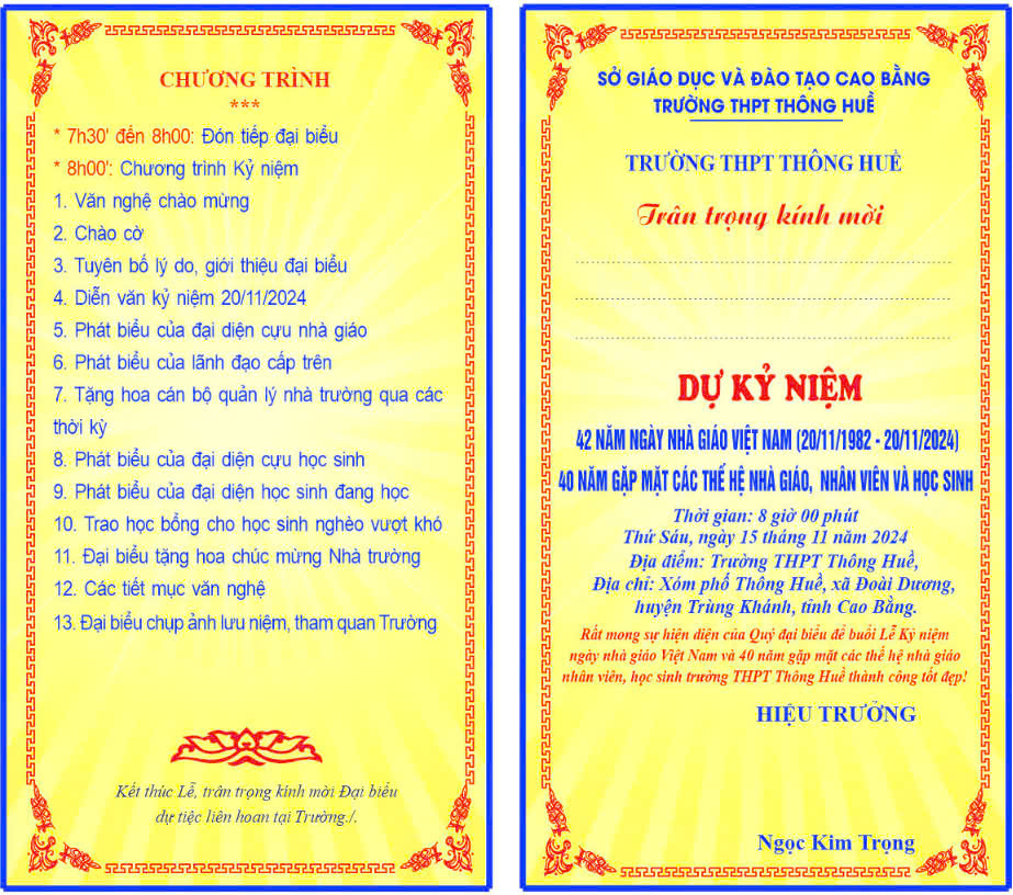 Thư mời Gặp mặt các thế hệ nhà giáo, nhân viên; các thế hệ học sinh trong lễ kỷ niệm ngày nhà giáo Việt Nam 20/11/2024